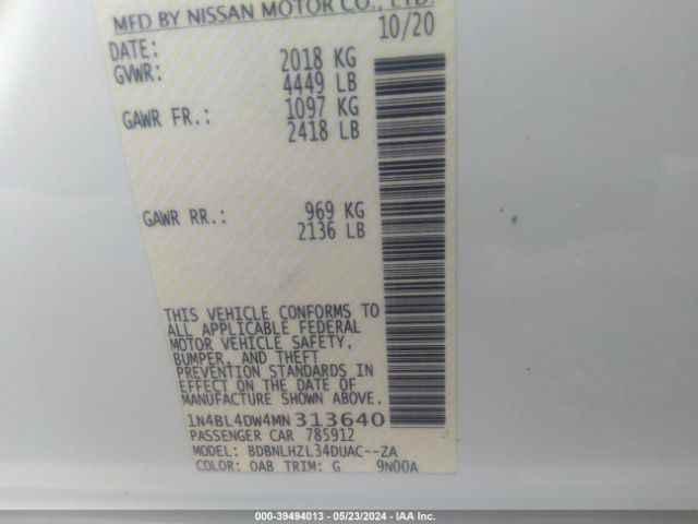 1N4BL4DW4MN313640 Nissan Altima Sv Intelligent Awd