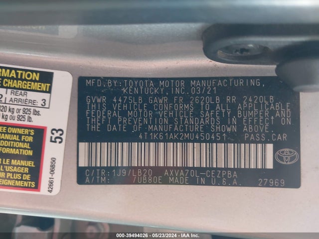 Toyota CAMRY XSE 2021 4T1K61AK2MU450451 Image 9