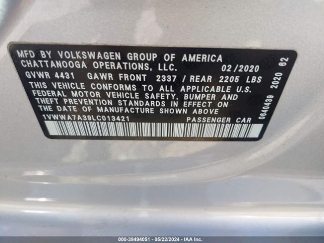1VWWA7A39LC013421 Volkswagen Passat 2.0t Se