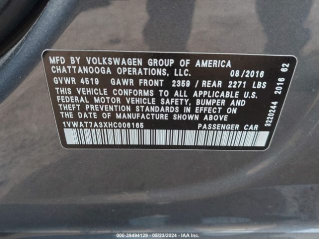 1VWAT7A3XHC006165 Volkswagen Passat 1.8t S