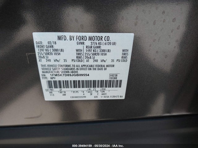 Ford EXPLORER XLT 2018 1FM5K7D89JGB09554 Image 9