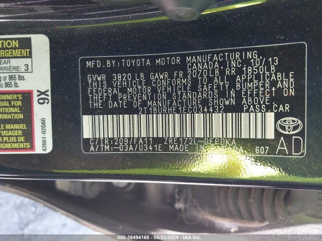 Toyota COROLLA L 2014 2T1BURHE1EC034432 Image 9