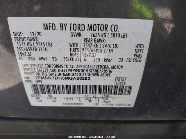 Ford EXPLORER XLT 2021 1FMSK7DH5MGA56293 Image 9