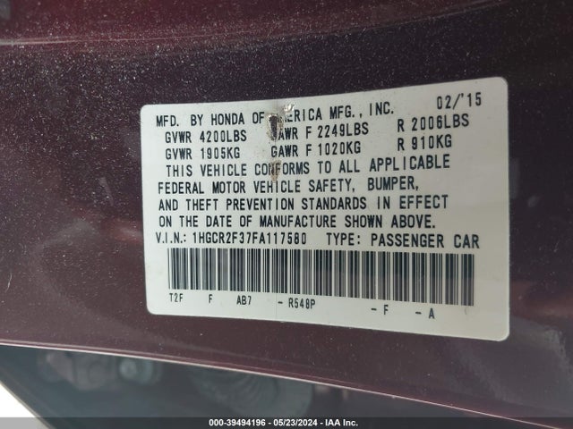Honda ACCORD LX 2015 1HGCR2F37FA117580 Image 9