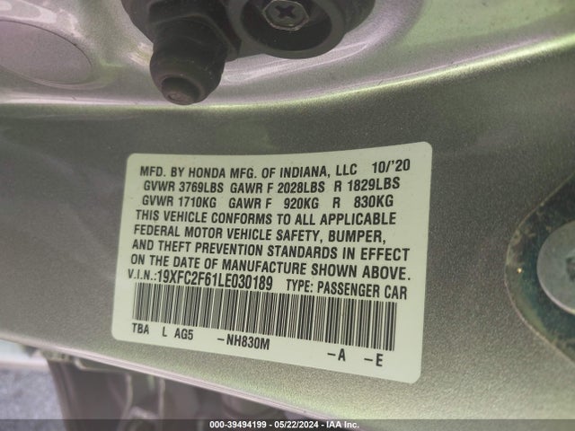 Honda Civic Lx 2020 19XFC2F61LE030189 Image 9