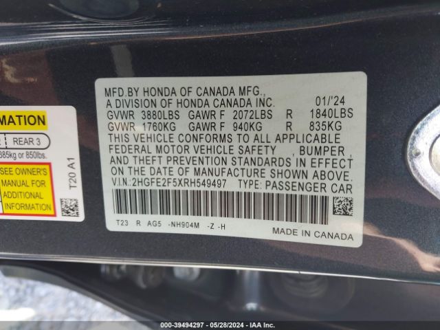 2HGFE2F5XRH549497 Honda Civic Sport