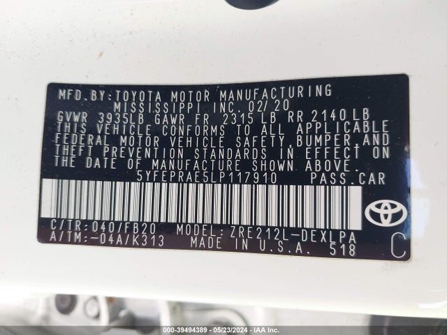 Toyota COROLLA LE 2020 5YFEPRAE5LP117910 Image 9