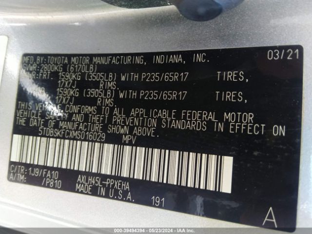 5TDBSKFCXMS016029 Toyota SIENNA LE