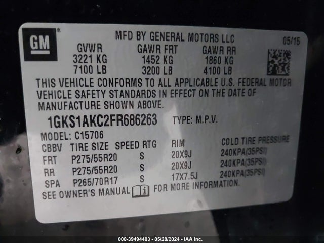 1GKS1AKC2FR686263 GMC YUKON SLE