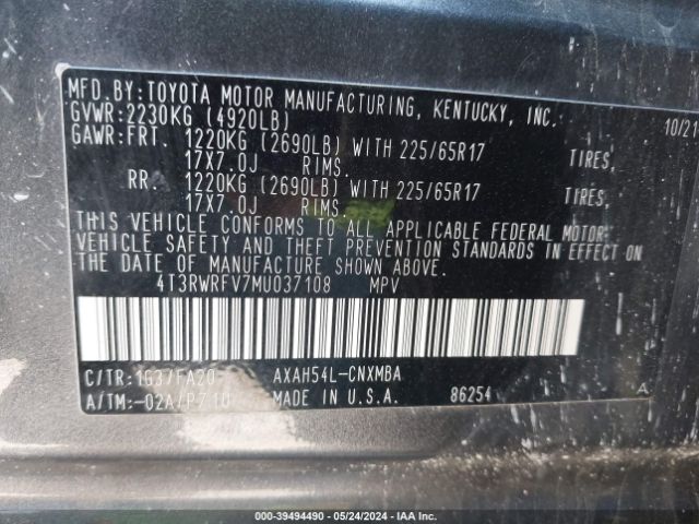 4T3RWRFV7MU037108 Toyota Rav4 Xle Hybrid