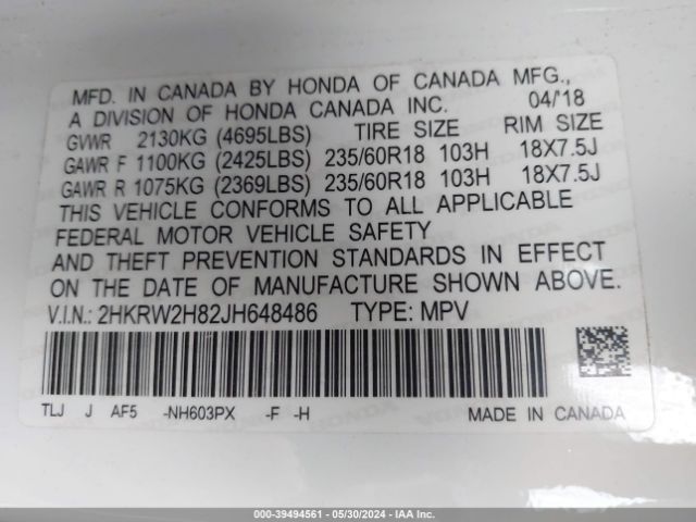 2HKRW2H82JH648486 Honda Cr-v Ex-l/ex-l Navi