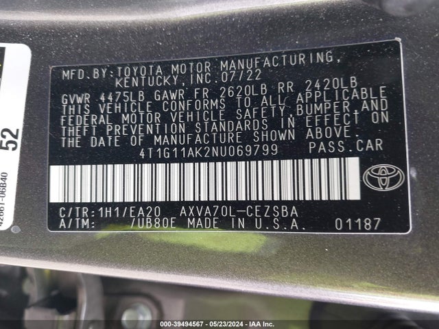 Toyota CAMRY SE 2022 4T1G11AK2NU069799 Image 9