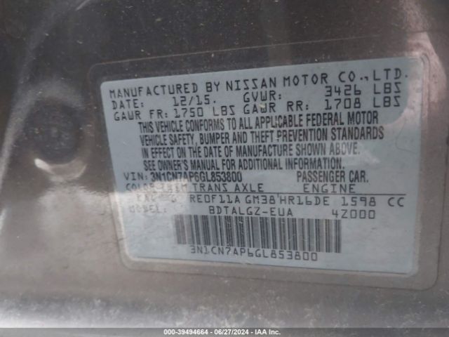 3N1CN7AP6GL853800 Nissan Versa 1.6 Sl