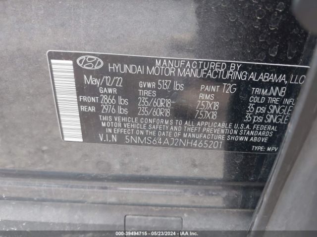 5NMS64AJ2NH465201 Hyundai Santa Fe Xrt