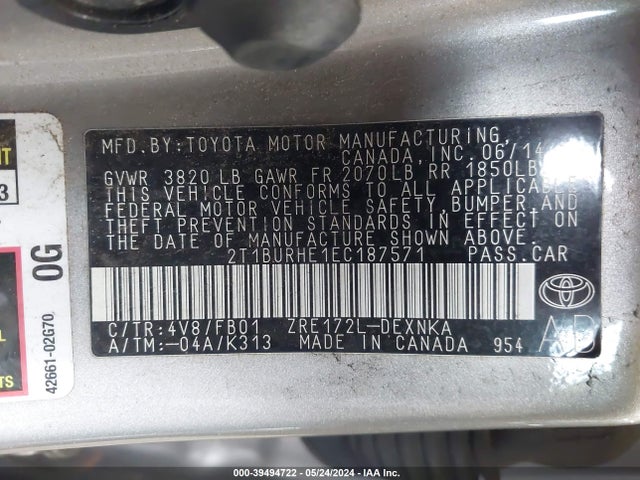 Toyota COROLLA LE 2014 2T1BURHE1EC187571 Image 9