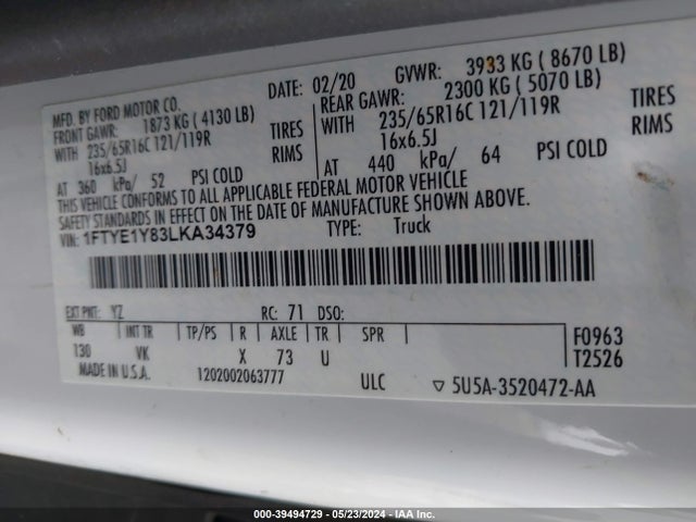 Ford Transit-150 2020 1FTYE1Y83LKA34379 Image 9