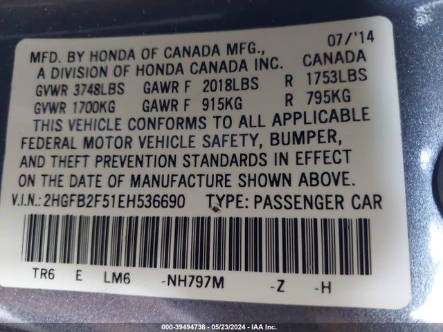Honda Civic Lx 2014 2HGFB2F51EH536690 Image 9