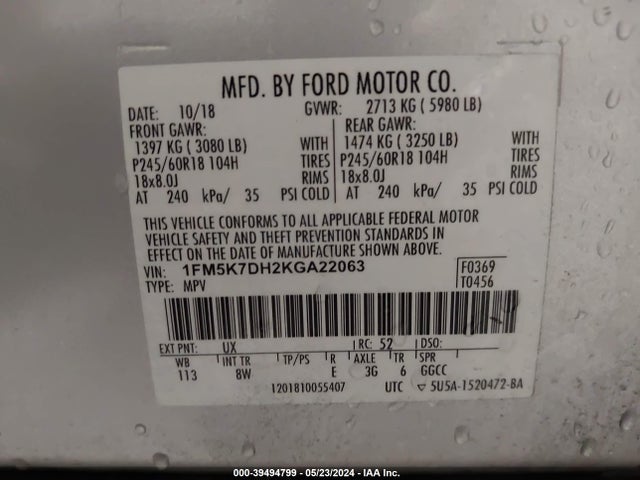 Ford EXPLORER XLT 2019 1FM5K7DH2KGA22063 Image 9