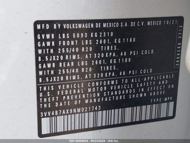 3VV4B7AX9NM021743 Volkswagen Tiguan 2.0t Sel R-line