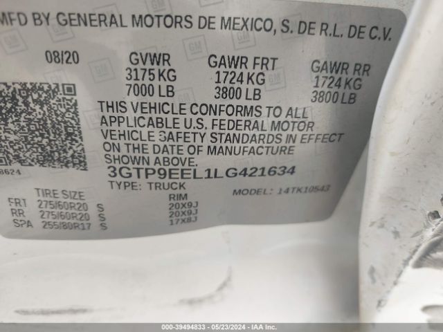 3GTP9EEL1LG421634 GMC Sierra 1500 4wd  Short Box At4