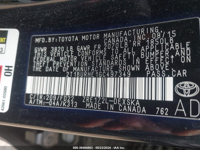 Toyota Corolla S W/special Edition Pkg 2016 2T1BURHE1GC497349 Image 9