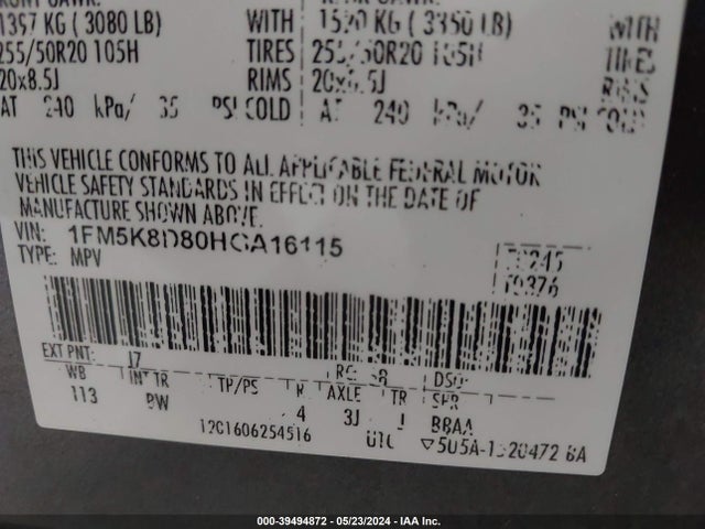 Ford EXPLORER XLT 2017 1FM5K8D80HGA16115 Image 9