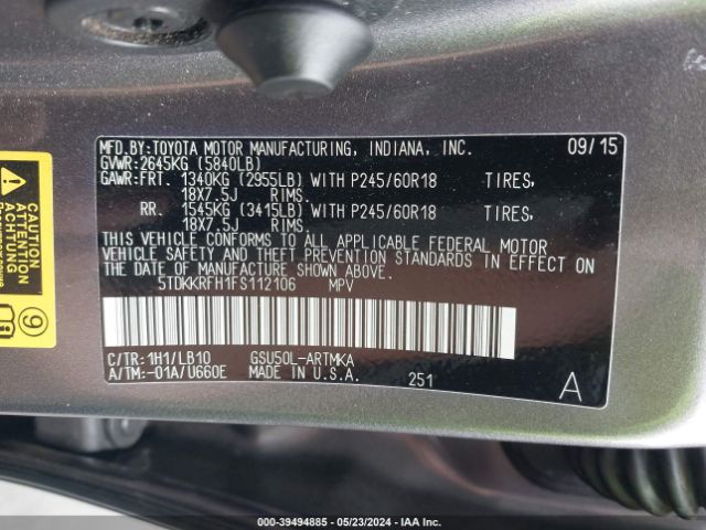 5TDKKRFH1FS112106 Toyota Highlander Xle V6