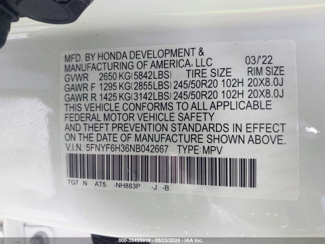 Honda Pilot Awd Sport 2022 5FNYF6H36NB042667 Image 9