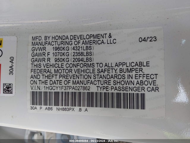 Honda ACCORD EX 2023 1HGCY1F37PA027862 Image 9