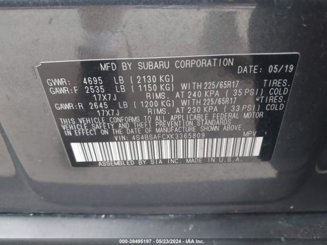 4S4BSAFCXK3365809 Subaru Outback 2.5i Premium