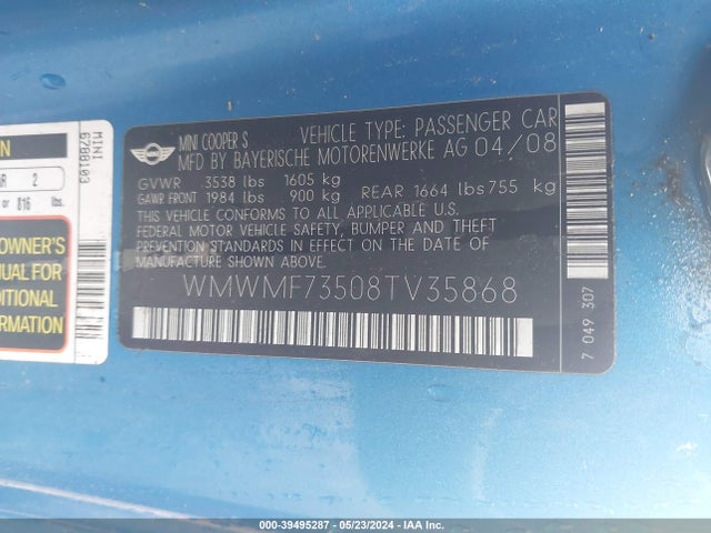 2008 MINI COOPER S WMWMF73508TV35868 Photo 8