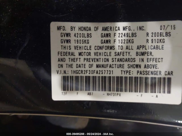 Honda ACCORD LX 2015 1HGCR2F30FA257731 Image 9