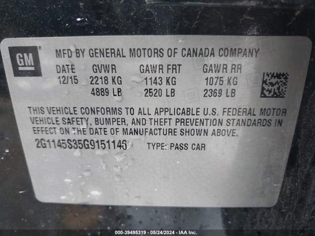 Chevrolet IMPALA 2LZ 2016 2G1145S35G9151146 Image 9