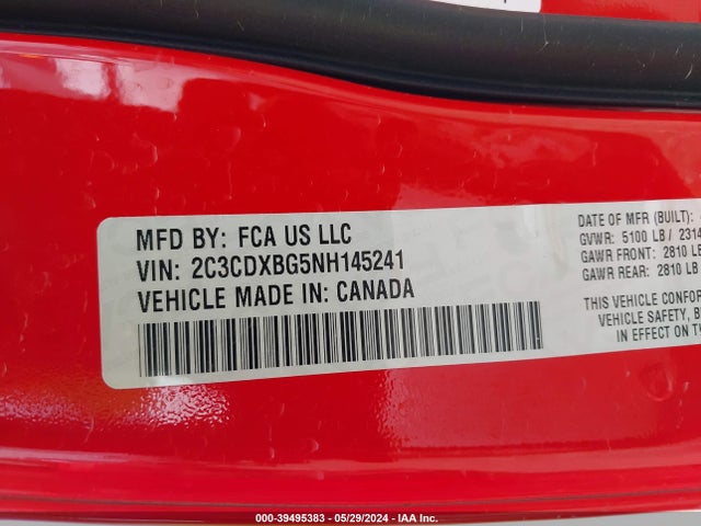 2022 Dodge Charger Sxt Rwd მანქანა იყიდება აუქციონზე, vin: 2C3CDXBG5NH145241, აუქციონის ნომერი: 39495383