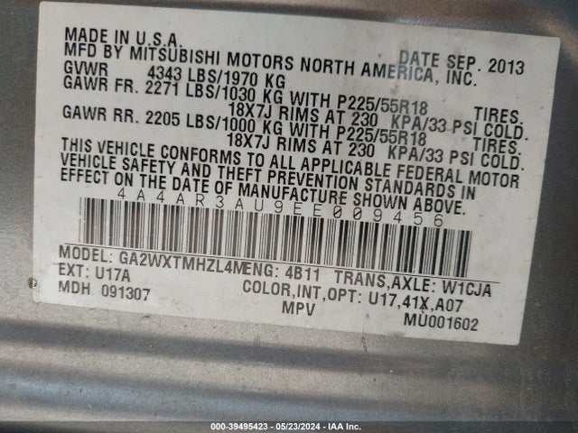 4A4AR3AU9EE009456 Mitsubishi Outlander Sport Es