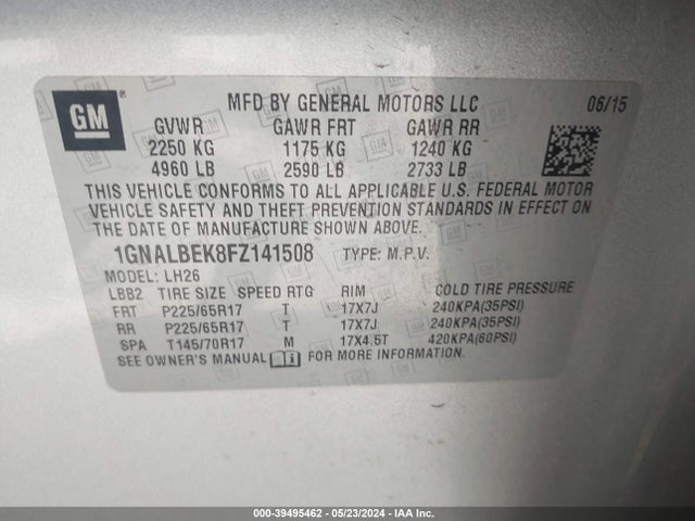 Chevrolet EQUINOX 1LT 2015 1GNALBEK8FZ141508 Image 9