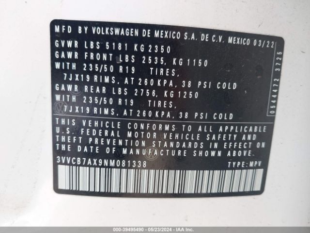 3VVCB7AX9NM081338 Volkswagen Tiguan 2.0t Se R-line Black