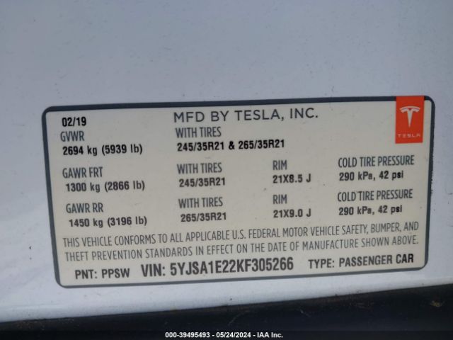 5YJSA1E22KF305266 Tesla Model S 100d/75d/long Range/standard Range