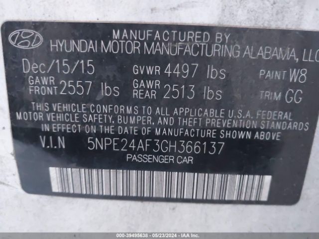 5NPE24AF3GH366137 Hyundai SONATA SE