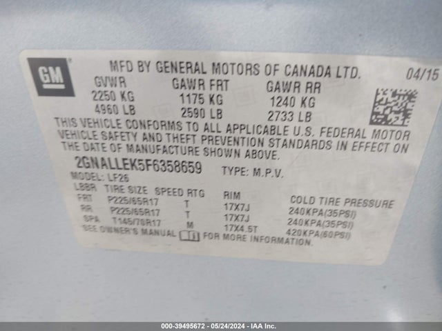 Chevrolet Equinox L 2015 2GNALLEK5F6358659 Image 9