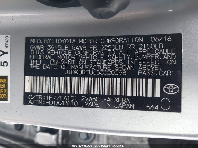 Toyota Prius 2016 JTDKBRFU6G3020098 Image 9