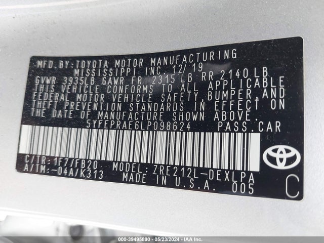 Toyota COROLLA LE 2020 5YFEPRAE6LP098624 Image 9