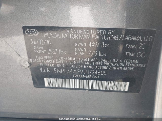 Hyundai Sonata Sel+ 2018 5NPE34AF9JH724605 Image 9