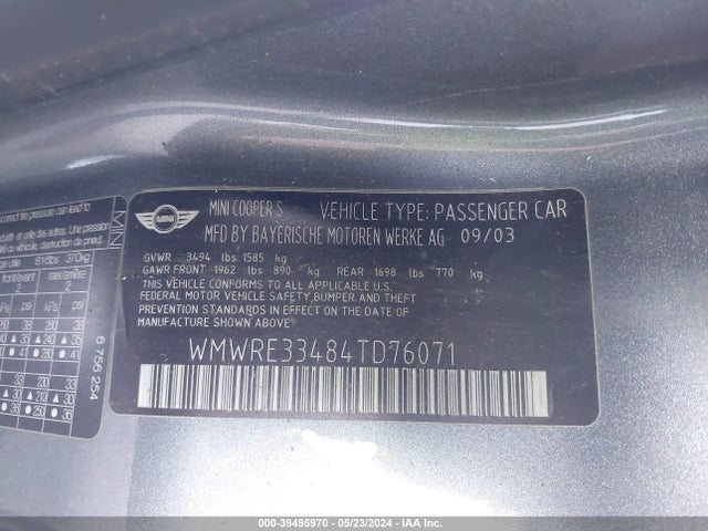 2004 MINI COOPER S WMWRE33484TD76071 Photo 8