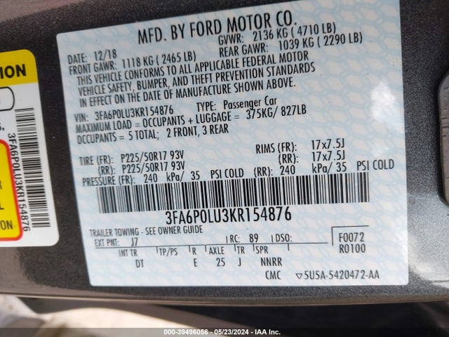 Ford Fusion Hybrid Se 2019 3FA6P0LU3KR154876 Image 9