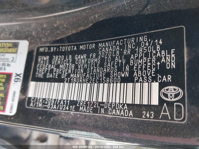 Toyota COROLLA L 2014 2T1BURHE2EC158600 Image 9