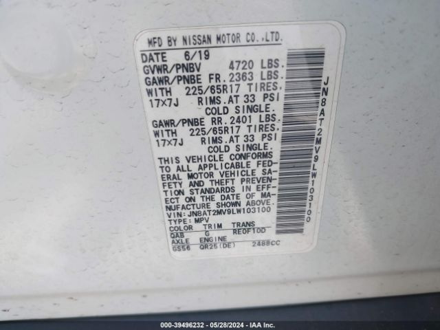 JN8AT2MV9LW103100 Nissan Rogue Sv Intelligent Awd