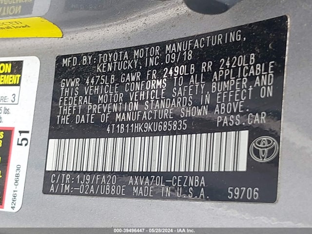 Toyota CAMRY LE 2019 4T1B11HK9KU685835 Image 9