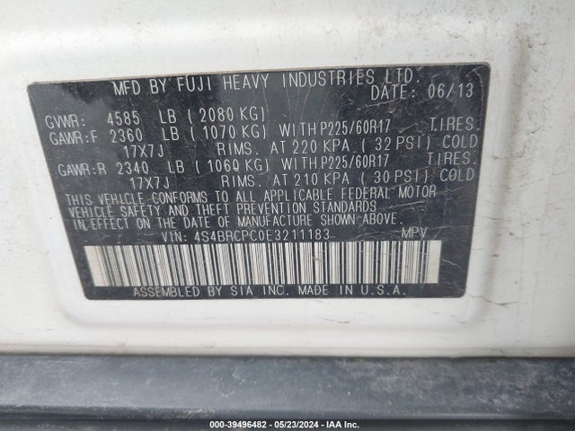 Subaru Outback 2.5i Limited 2014 4S4BRCPC0E3211183 Image 9