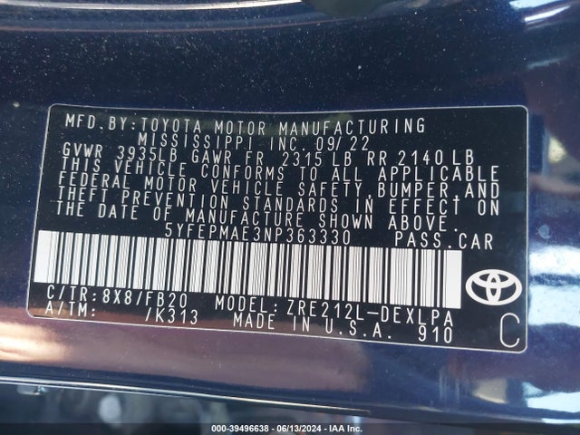 Toyota COROLLA LE 2022 5YFEPMAE3NP363330 Image 9